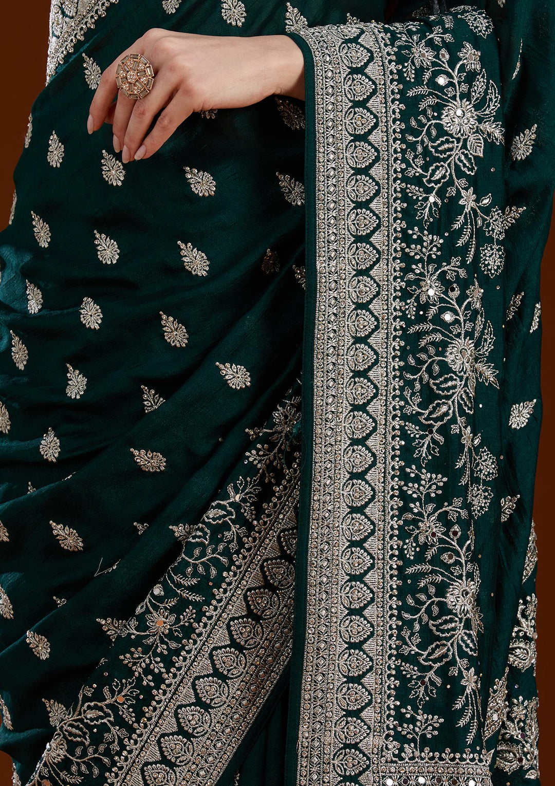 Bottle Green Zariwork (Silver) Soft Raw Silk Saree