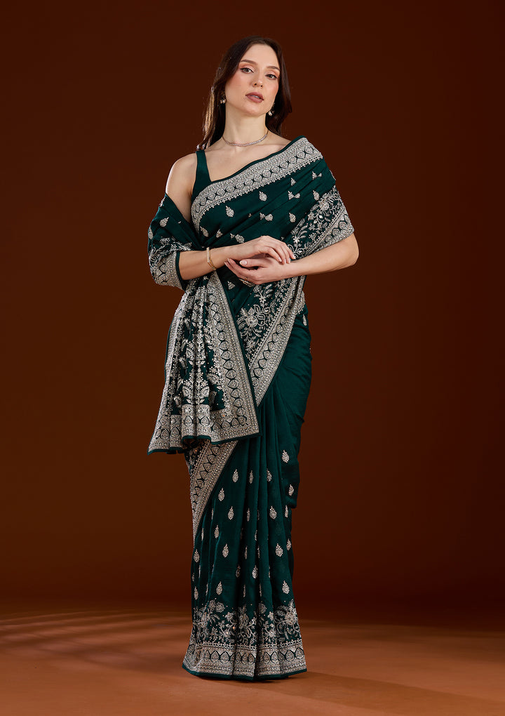 Bottle Green Zariwork (Silver) Soft Raw Silk Saree