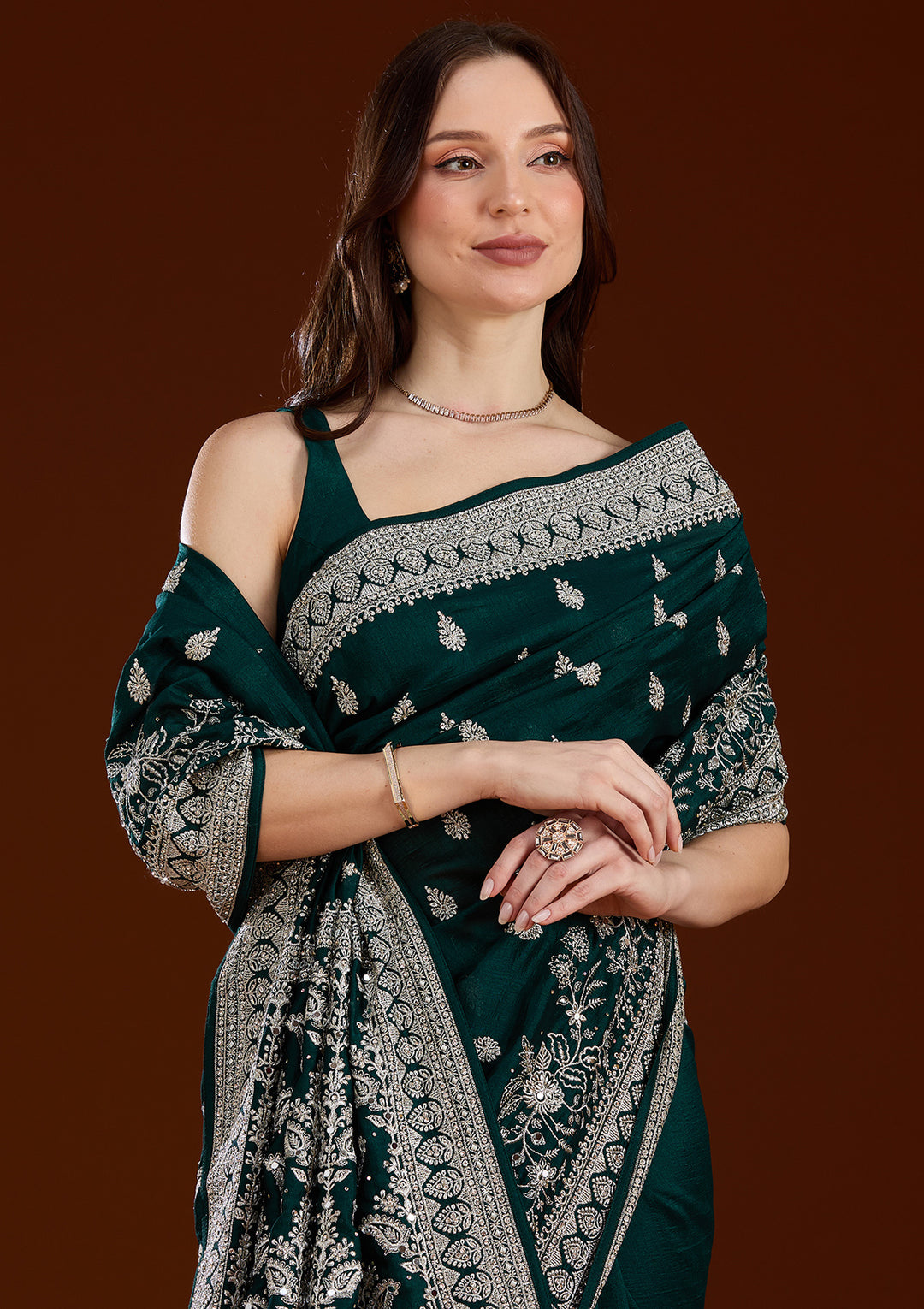 Bottle Green Zariwork (Silver) Soft Raw Silk Saree