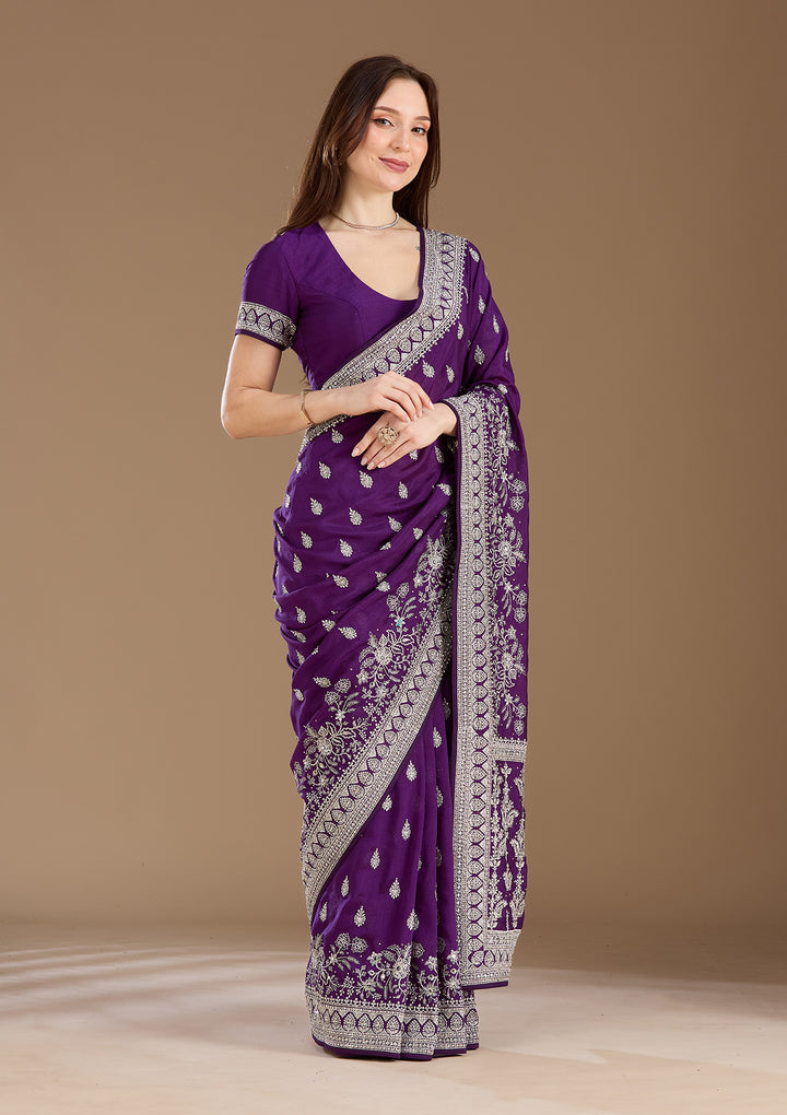 Purple Zariwork (Silver) Soft Raw Silk Saree