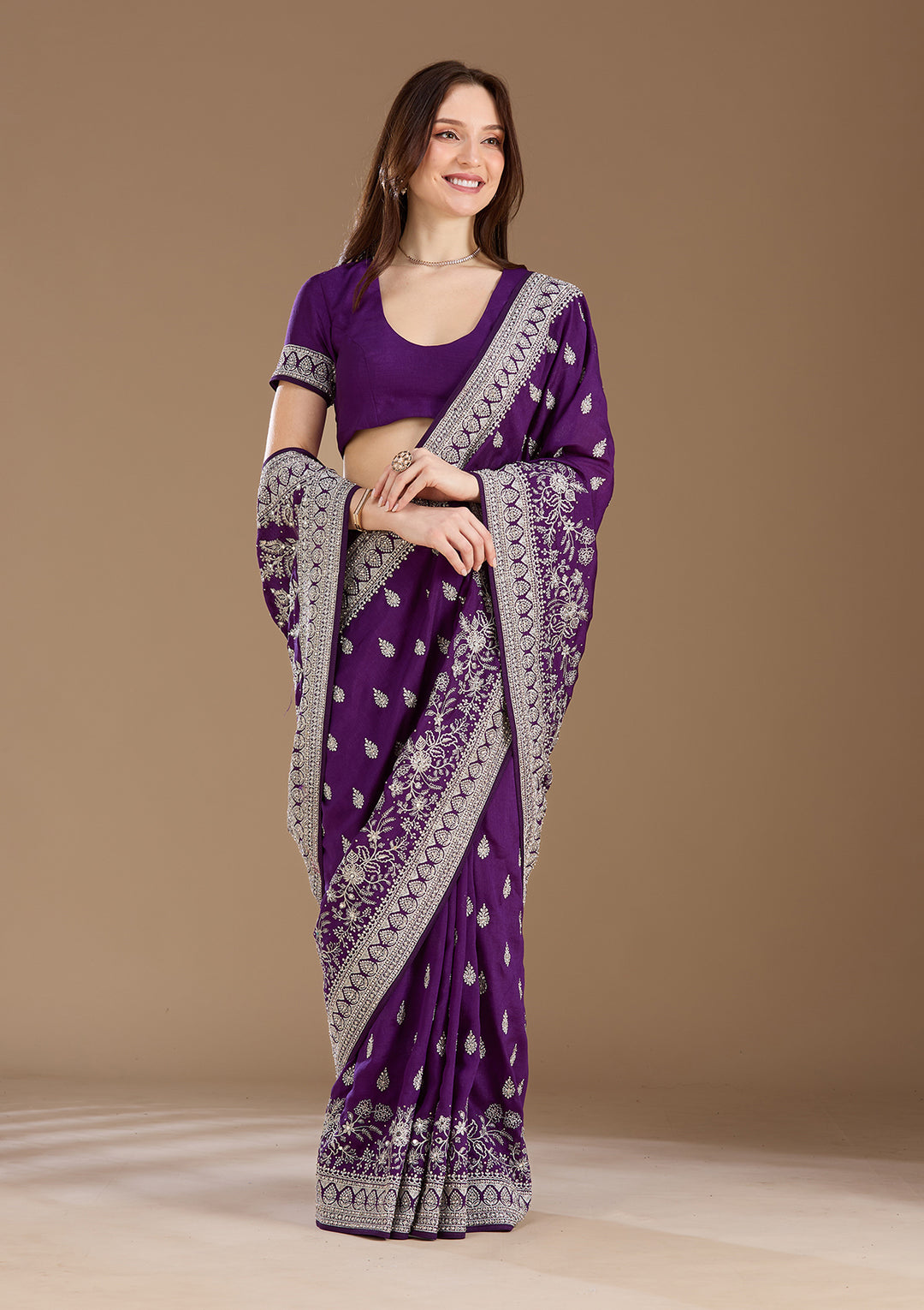 Purple Zariwork (Silver) Soft Raw Silk Saree