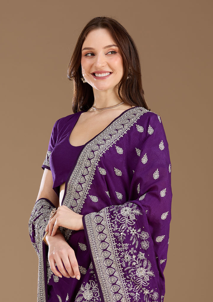 Purple Zariwork (Silver) Soft Raw Silk Saree