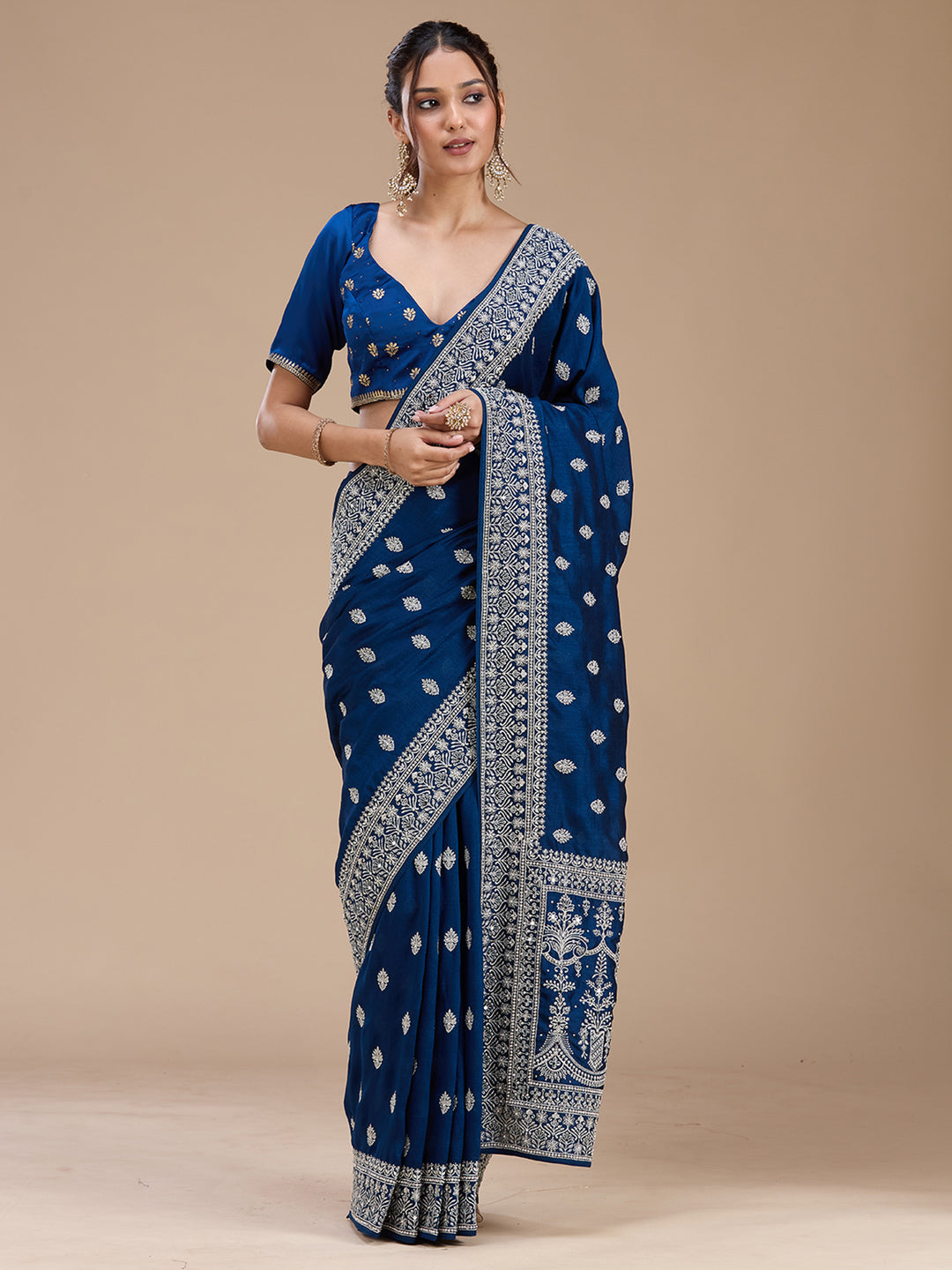 Peacock Blue Zariwork (Silver) Soft Raw Silk Saree