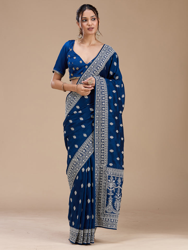 Peacock Blue Zariwork (Silver) Soft Raw Silk Saree