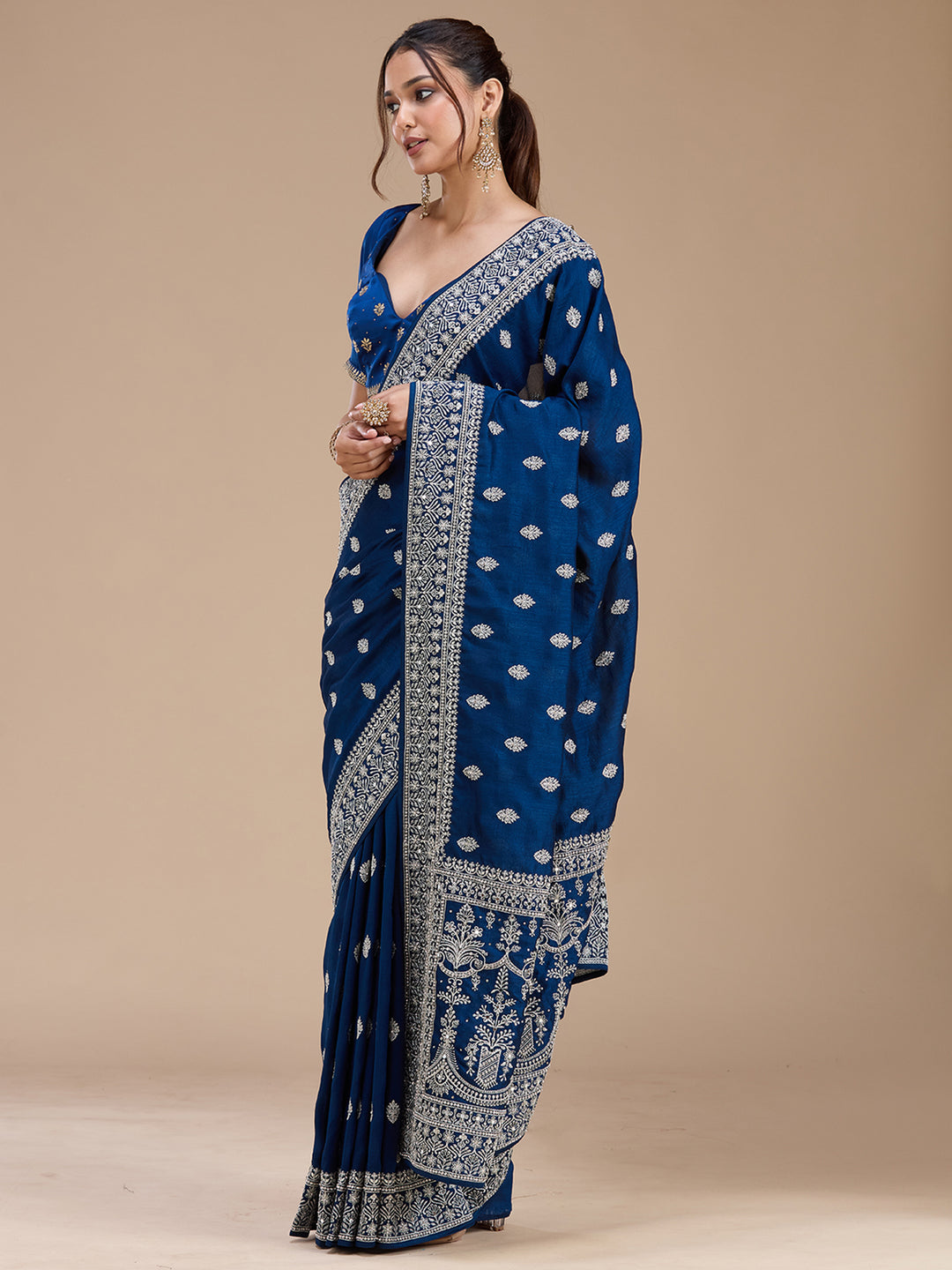 Peacock Blue Zariwork (Silver) Soft Raw Silk Saree