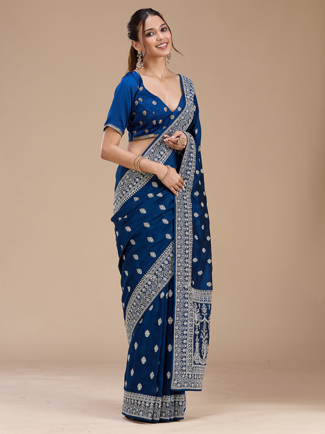 Peacock Blue Zariwork (Silver) Soft Raw Silk Saree