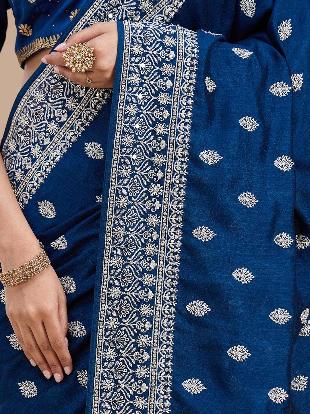 Peacock Blue Zariwork (Silver) Soft Raw Silk Saree