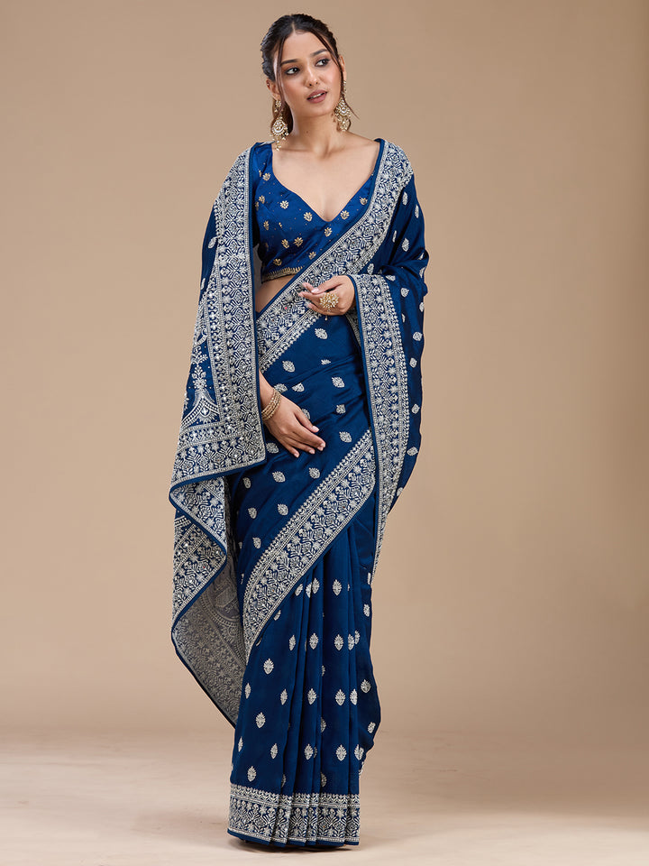 Peacock Blue Zariwork (Silver) Soft Raw Silk Saree