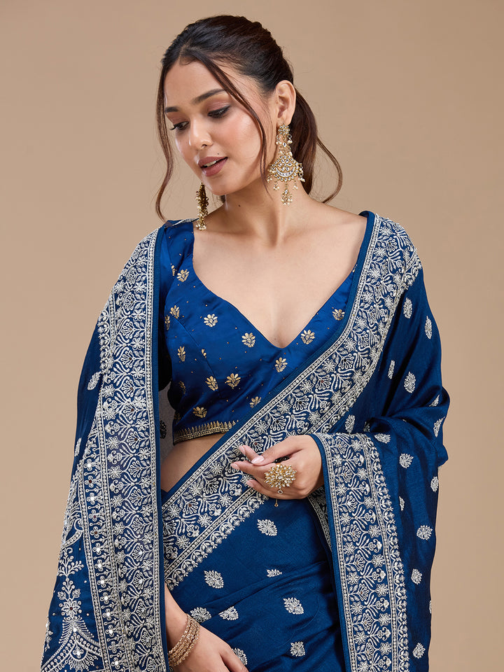 Peacock Blue Zariwork (Silver) Soft Raw Silk Saree