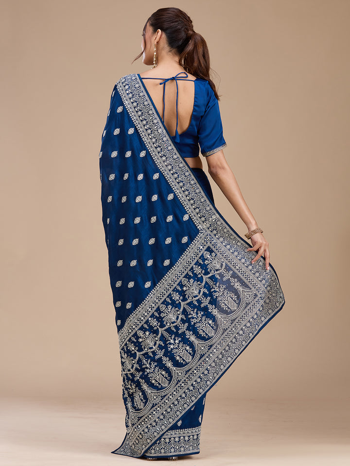 Peacock Blue Zariwork (Silver) Soft Raw Silk Saree