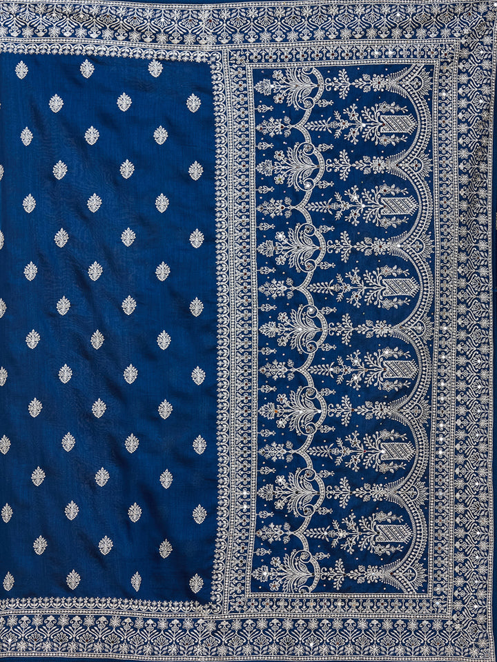 Peacock Blue Zariwork (Silver) Soft Raw Silk Saree