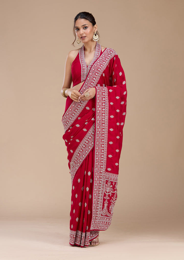 Rani Pink Zariwork (Silver) Soft Raw Silk Saree