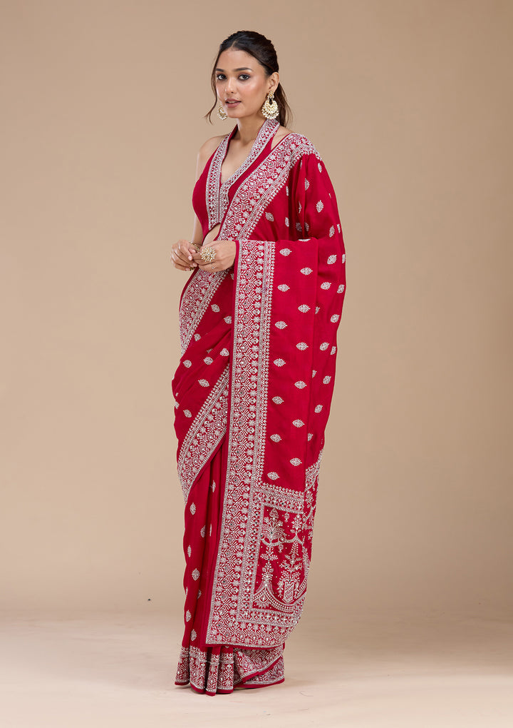 Rani Pink Zariwork (Silver) Soft Raw Silk Saree