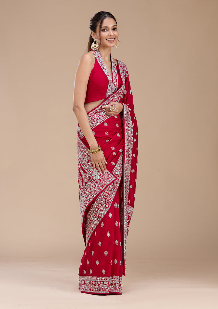 Rani Pink Zariwork (Silver) Soft Raw Silk Saree