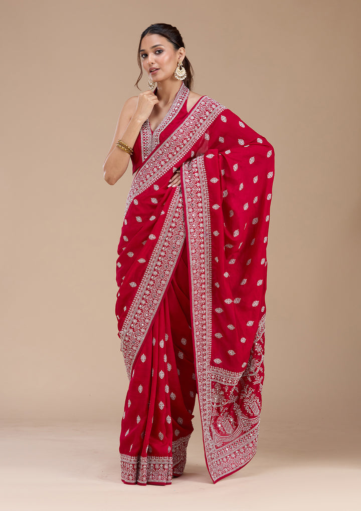 Rani Pink Zariwork (Silver) Soft Raw Silk Saree
