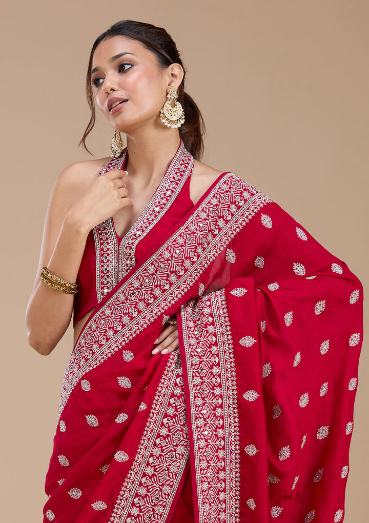 Rani Pink Zariwork (Silver) Soft Raw Silk Saree