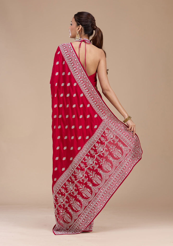 Rani Pink Zariwork (Silver) Soft Raw Silk Saree