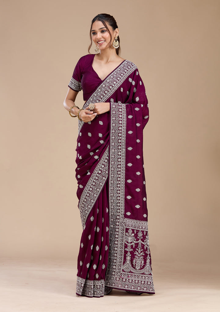Wine Zariwork (Silver) Soft Raw Silk Saree