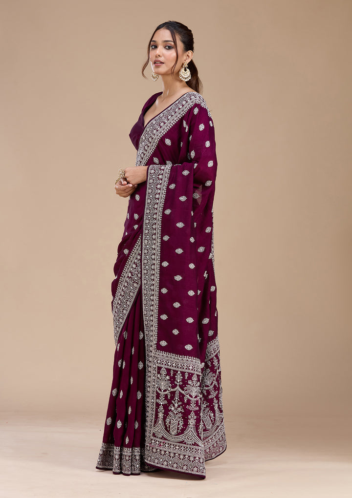 Wine Zariwork (Silver) Soft Raw Silk Saree