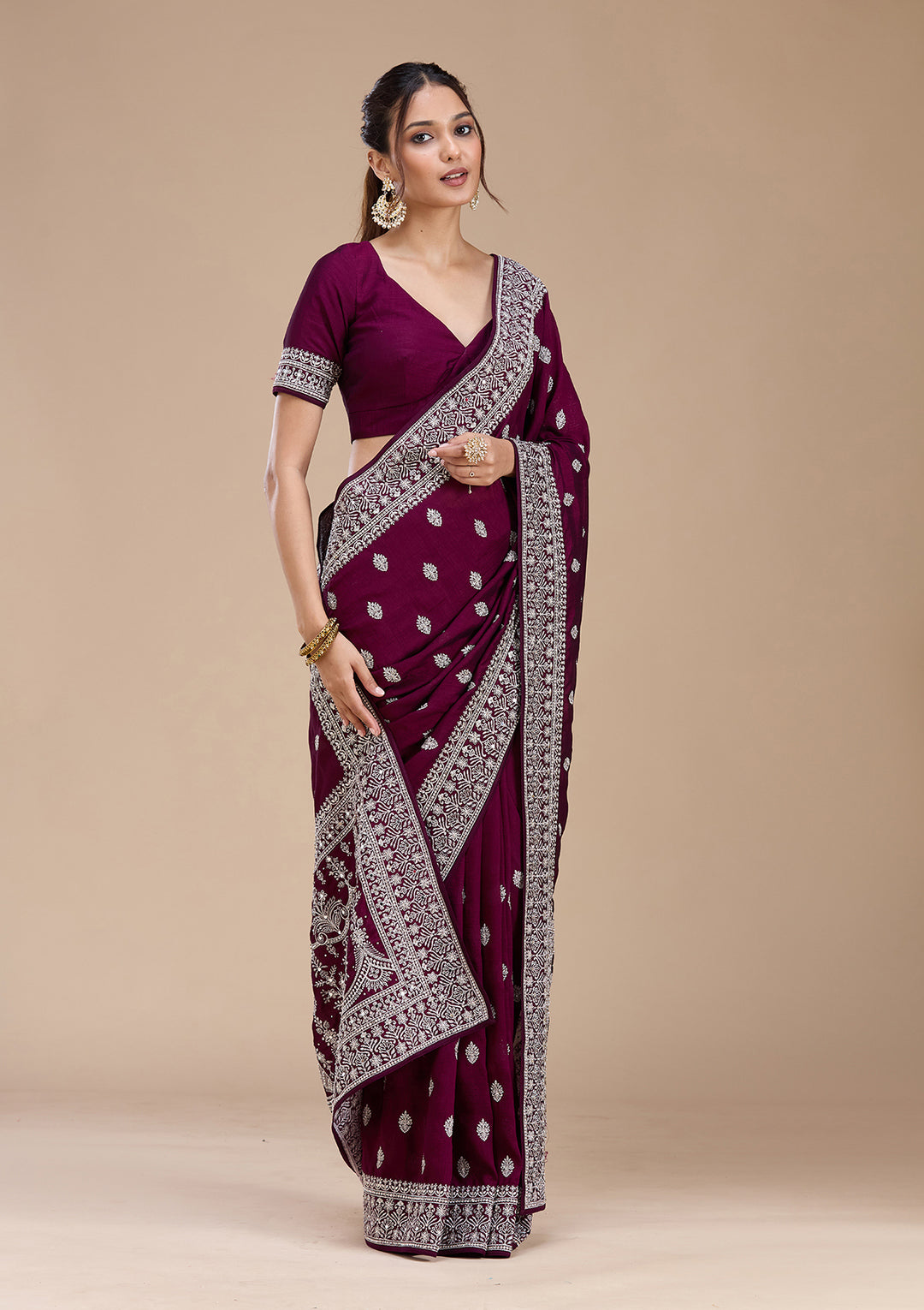 Wine Zariwork (Silver) Soft Raw Silk Saree