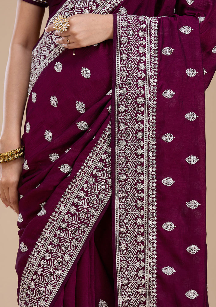 Wine Zariwork (Silver) Soft Raw Silk Saree