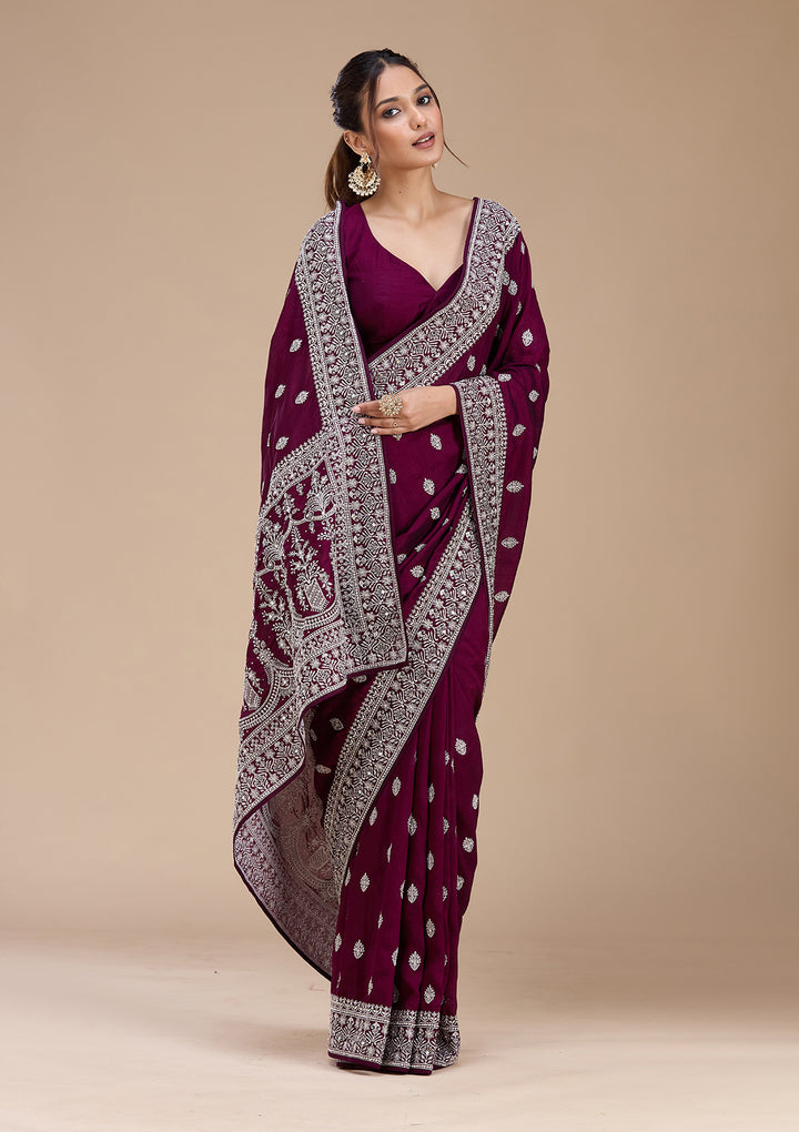 Wine Zariwork (Silver) Soft Raw Silk Saree