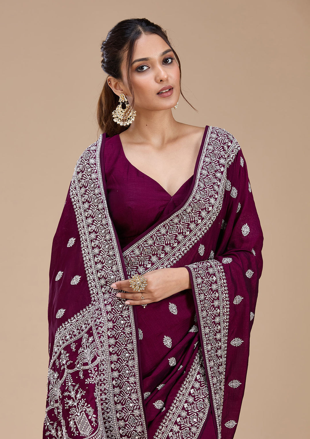 Wine Zariwork (Silver) Soft Raw Silk Saree