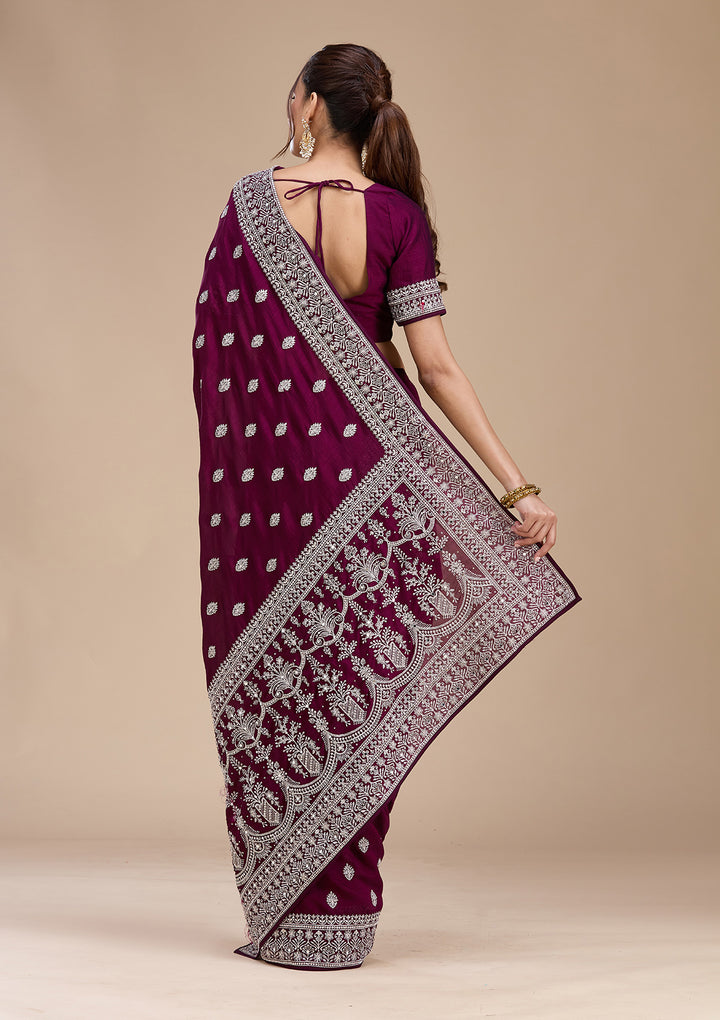 Wine Zariwork (Silver) Soft Raw Silk Saree