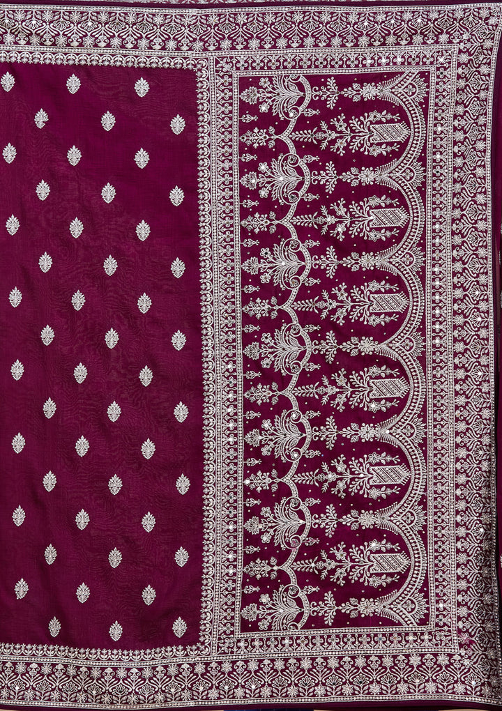 Wine Zariwork (Silver) Soft Raw Silk Saree