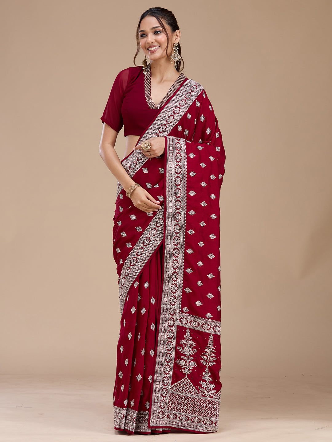 Maroon Zariwork (Silver) Soft Raw Silk Saree