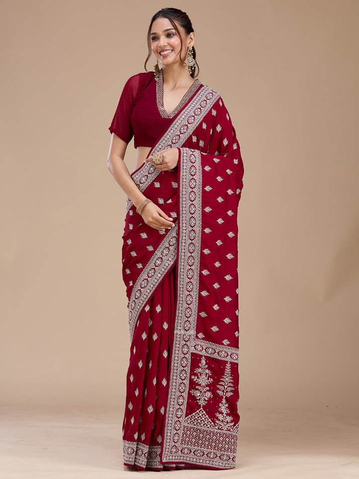 Maroon Zariwork (Silver) Soft Raw Silk Saree