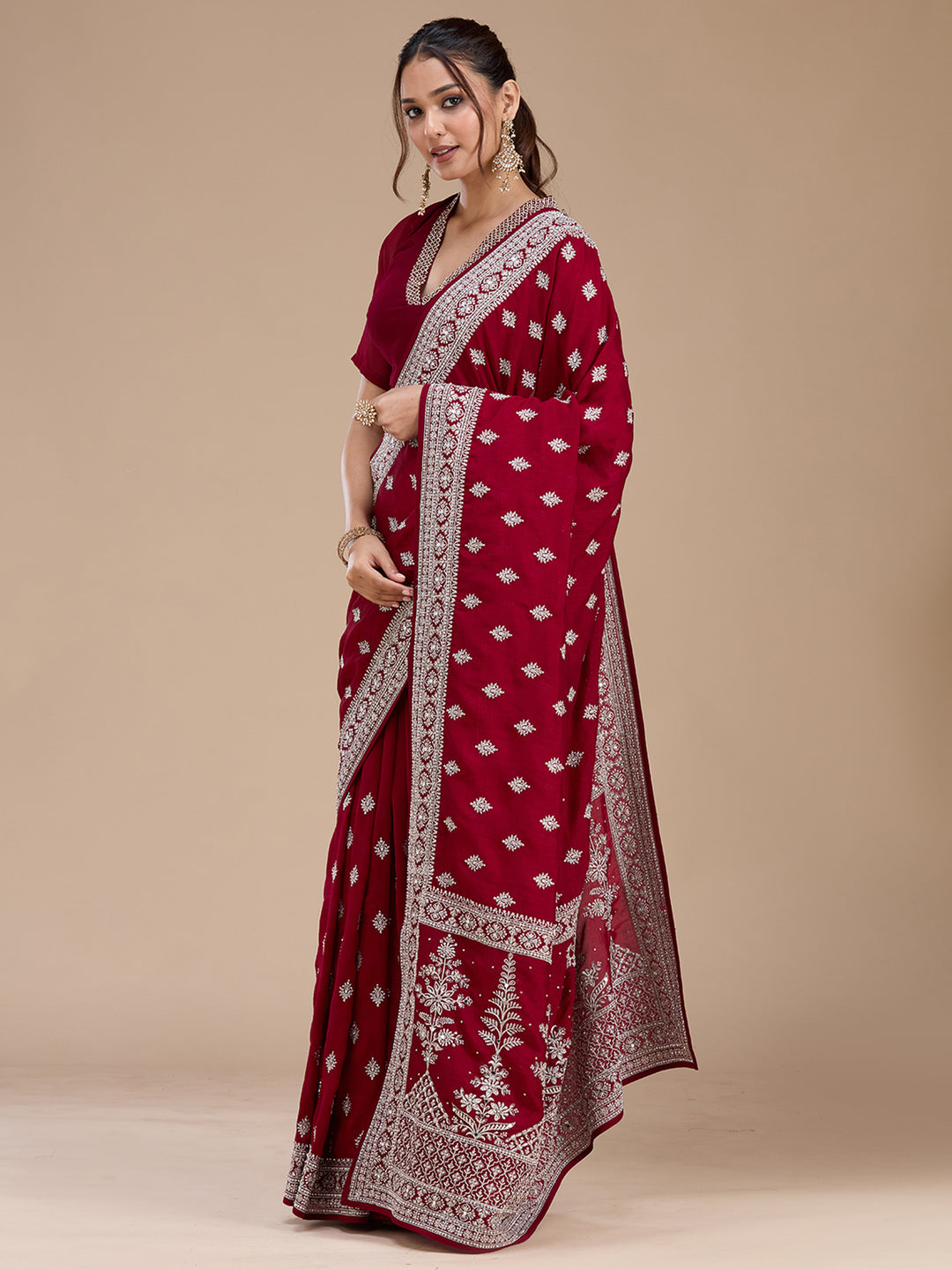 Maroon Zariwork (Silver) Soft Raw Silk Saree