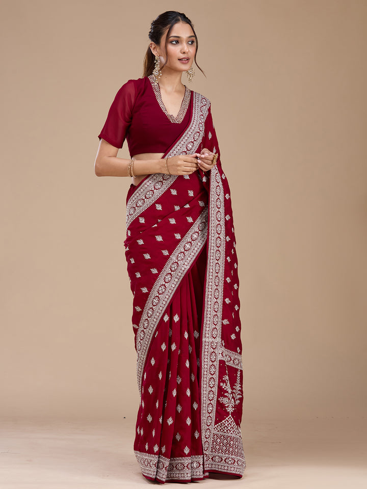 Maroon Zariwork (Silver) Soft Raw Silk Saree