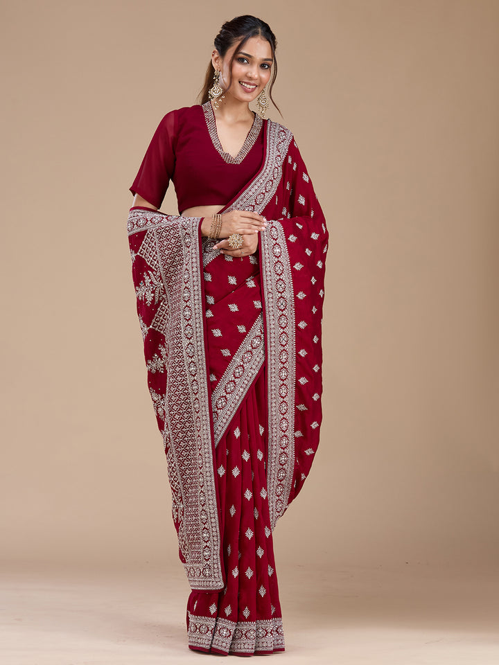 Maroon Zariwork (Silver) Soft Raw Silk Saree
