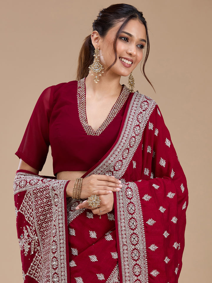 Maroon Zariwork (Silver) Soft Raw Silk Saree