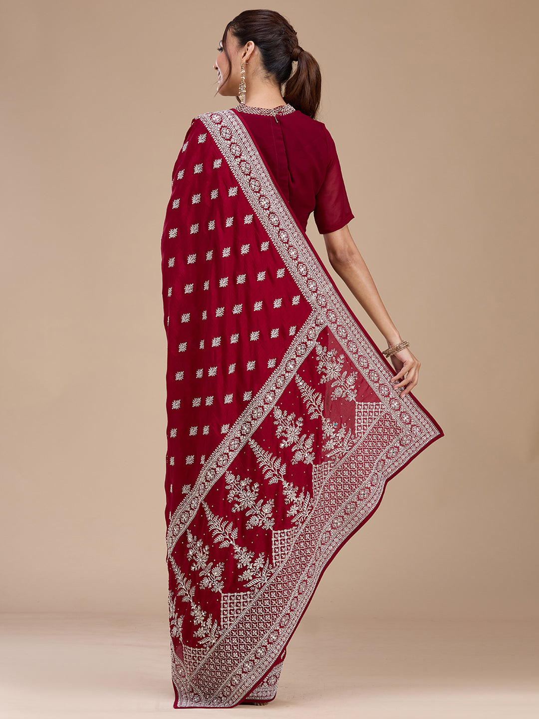 Maroon Zariwork (Silver) Soft Raw Silk Saree