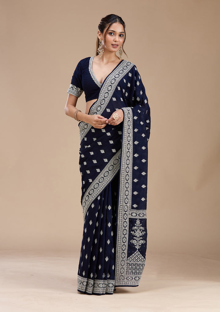 Navy Blue Zariwork (Silver) Soft Raw Silk Saree