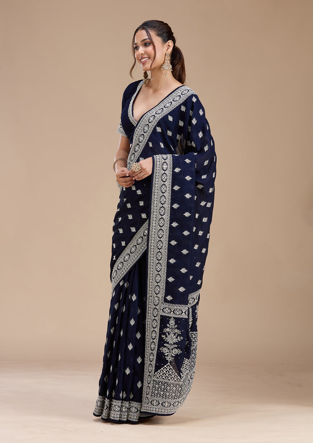 Navy Blue Zariwork (Silver) Soft Raw Silk Saree