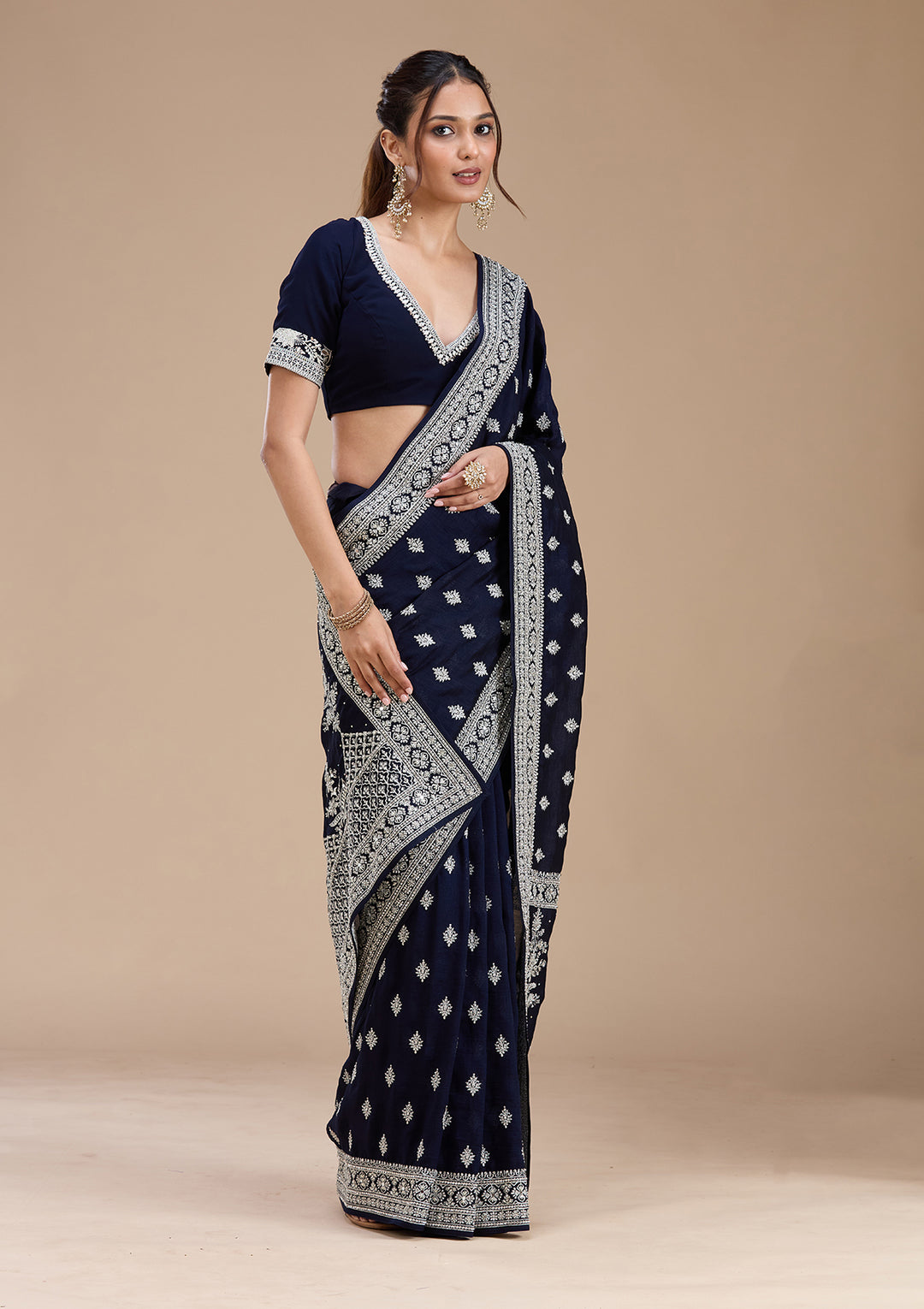 Navy Blue Zariwork (Silver) Soft Raw Silk Saree