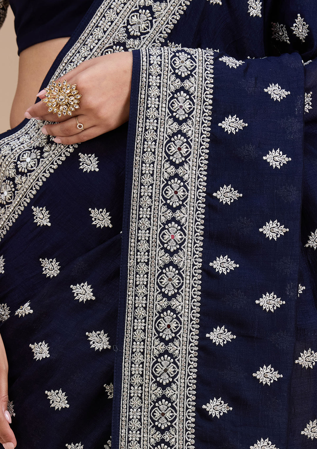 Navy Blue Zariwork (Silver) Soft Raw Silk Saree