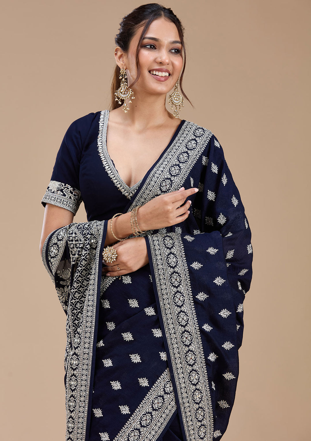 Navy Blue Zariwork (Silver) Soft Raw Silk Saree