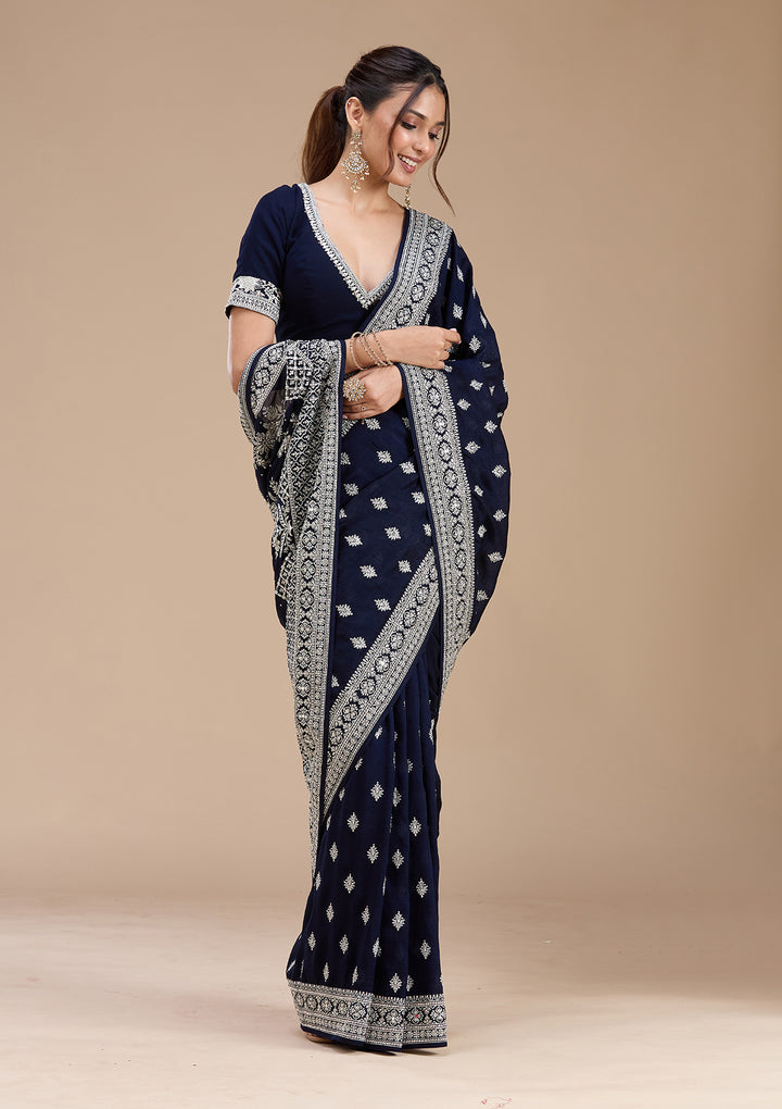 Navy Blue Zariwork (Silver) Soft Raw Silk Saree