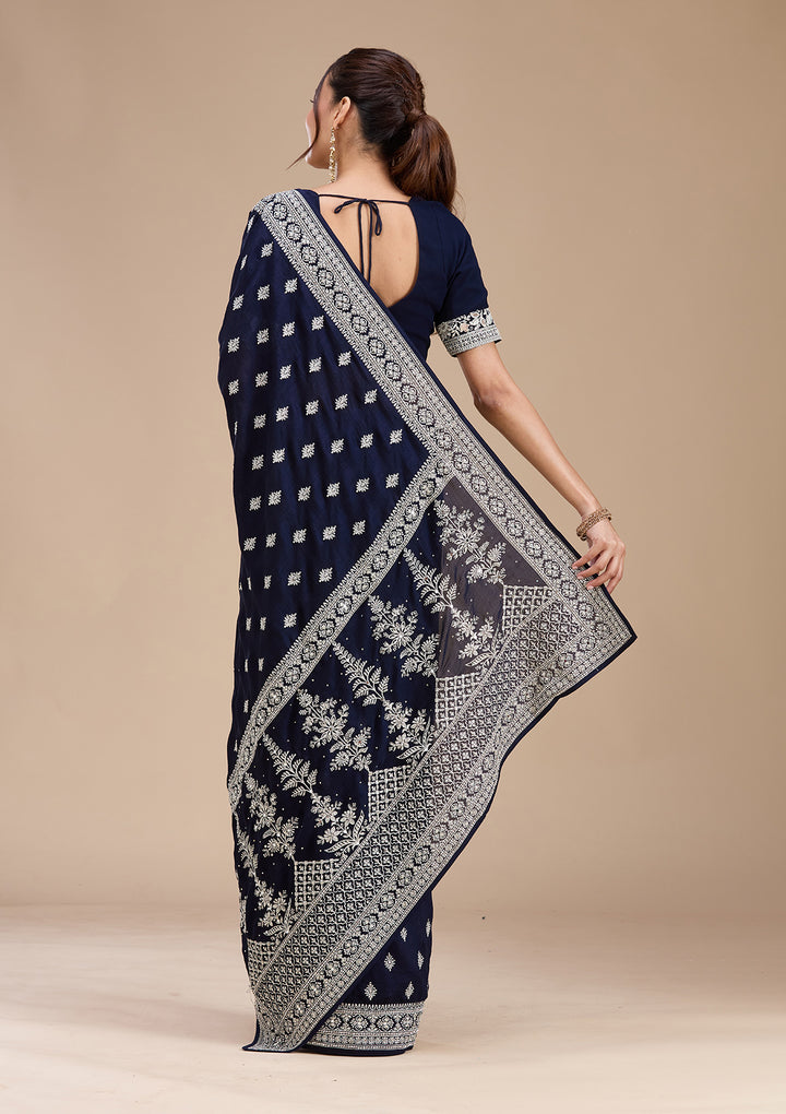 Navy Blue Zariwork (Silver) Soft Raw Silk Saree