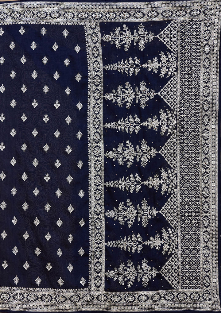 Navy Blue Zariwork (Silver) Soft Raw Silk Saree
