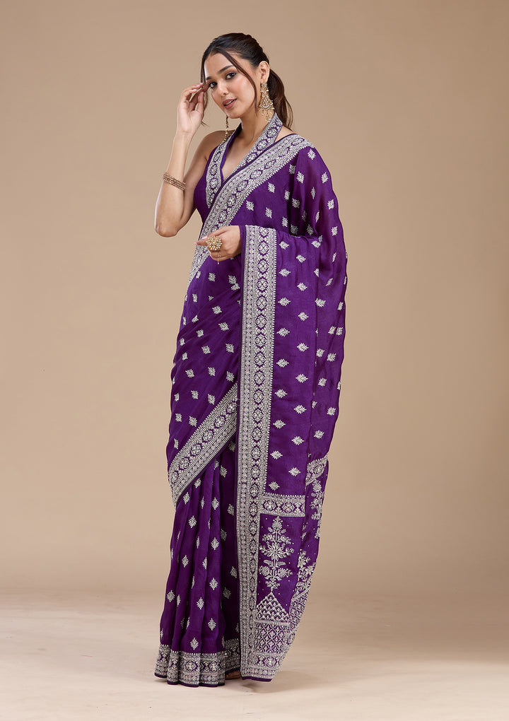 Purple Zariwork (Silver) Soft Raw Silk Saree