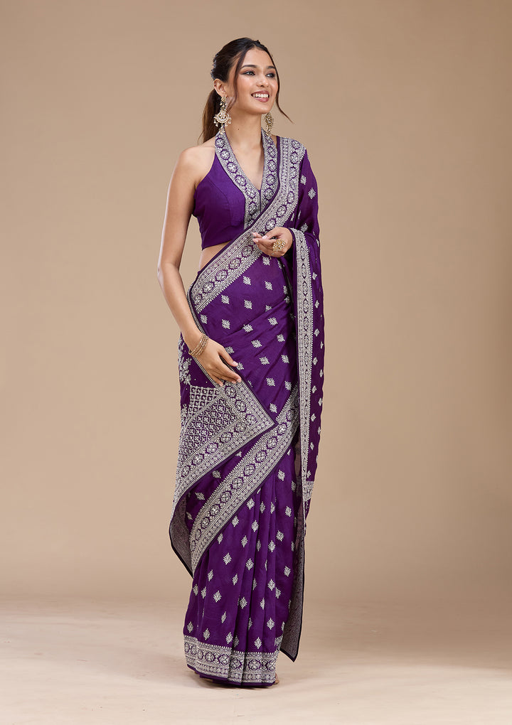 Purple Zariwork (Silver) Soft Raw Silk Saree