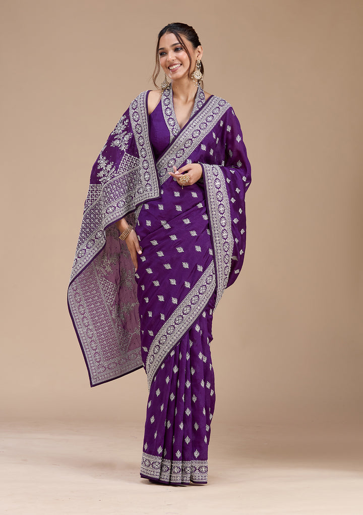 Purple Zariwork (Silver) Soft Raw Silk Saree