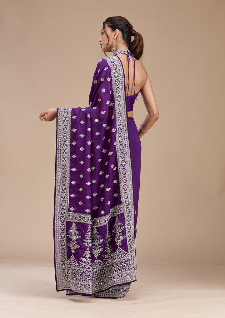 Purple Zariwork (Silver) Soft Raw Silk Saree
