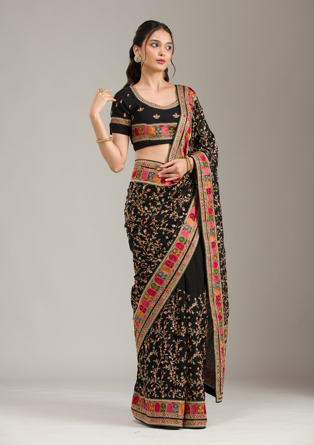 Black Threadwork Chiffon Saree