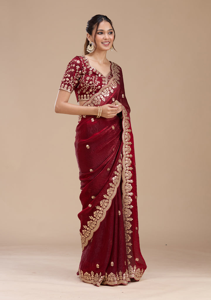 Maroon Gotapatti Tissue Saree